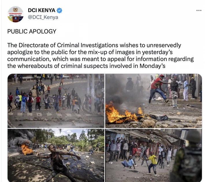 DCI bows to pressure, issues apology for using wrong photos of chaos during  Maandamano rally